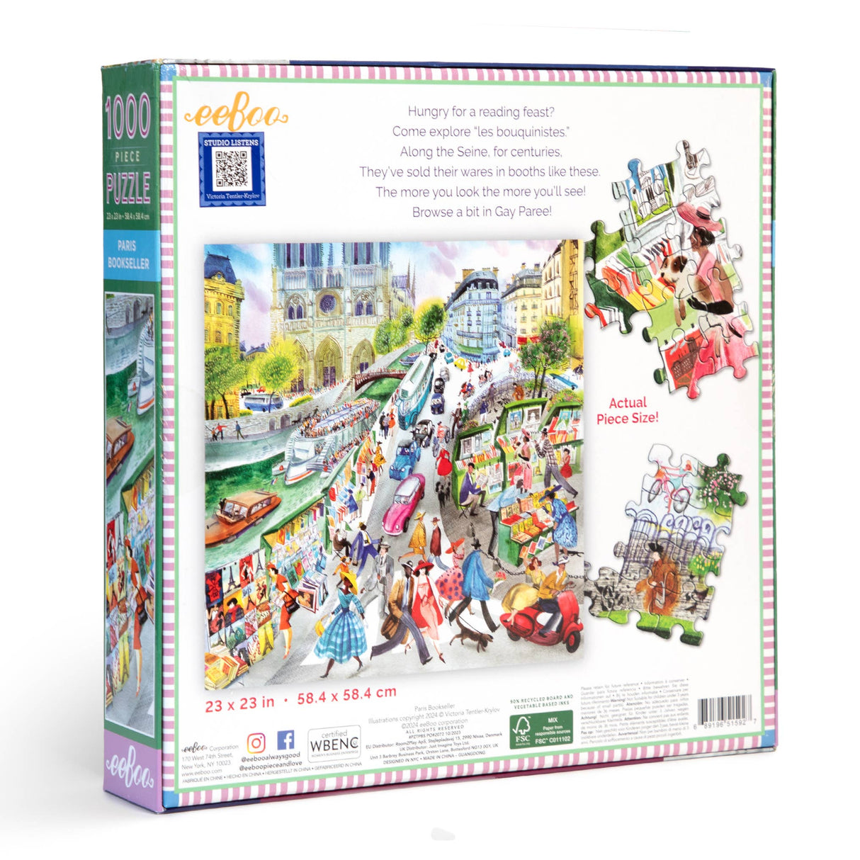 Back of the box for the Paris Bookseller 1000 piece jigsaw puzzle by eeboo