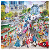 Completed Paris Bookseller puzzle showcasing Notre Dame and bustling street scenes a detailed jigsaw puzzle by eeBoo