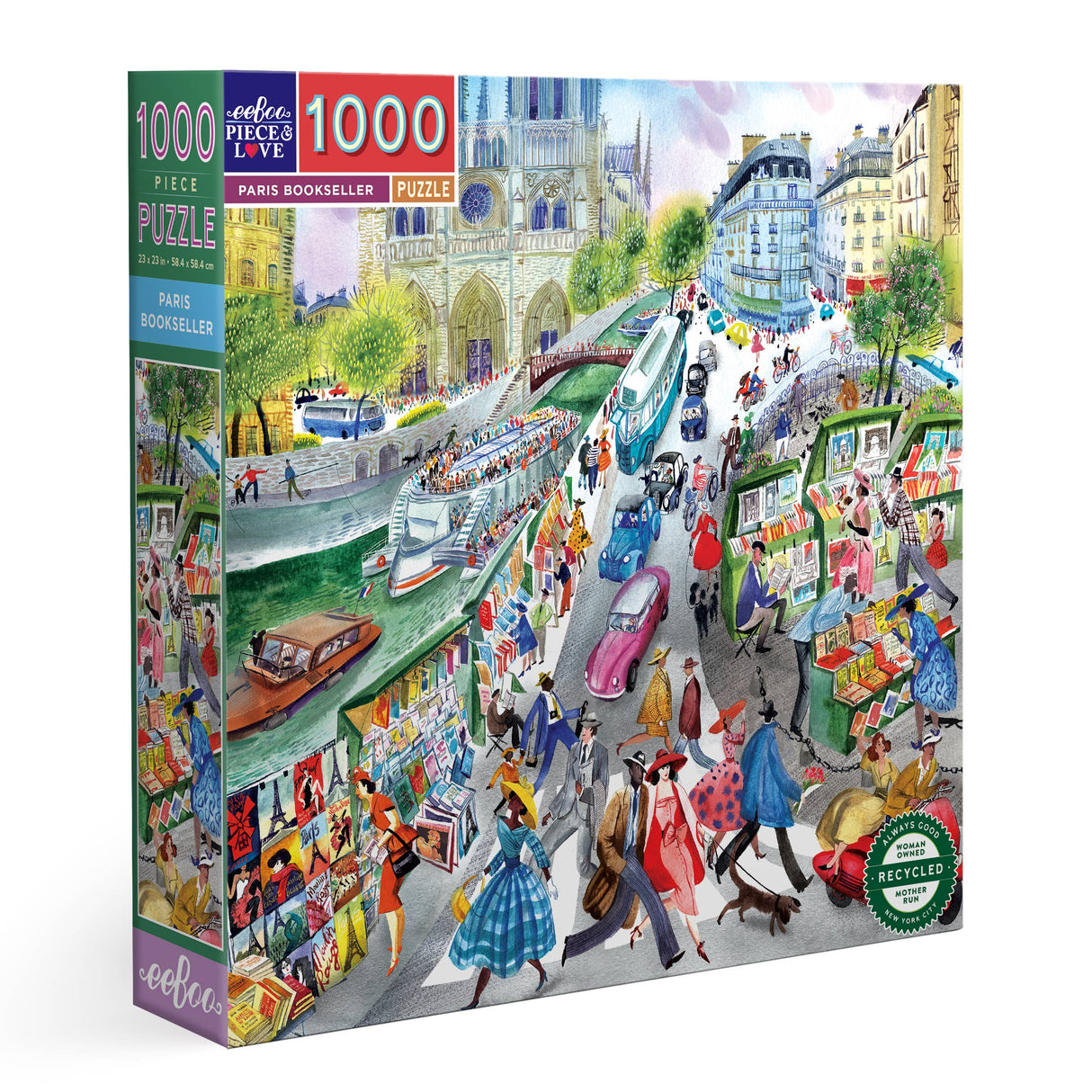 Box for Paris Bookseller puzzle showcasing Notre Dame and bustling street scenes by eeBoo a 1000 piece jigsaw puzzle.