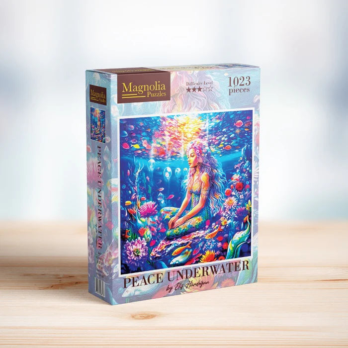 Peace Underwater 1000 piece puzzle by Magnolia featuring a serene mermaid surrounded by colorful fish coral and ocean plants