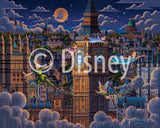 Close-up of Peter Pan and Tinker Bell soaring over London in the 500 piece jigsaw puzzle artwork by Dowdle and Disney