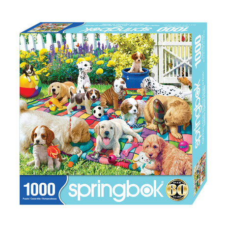 Playful Pups on Parade 1000 piece jigsaw puzzle featuring colorful puppies in a garden by Springbok