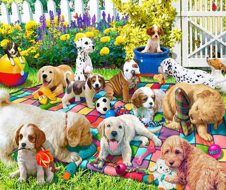 High-quality Springbok puzzle featuring adorable puppies in a cheerful garden scene with 1000 pieces