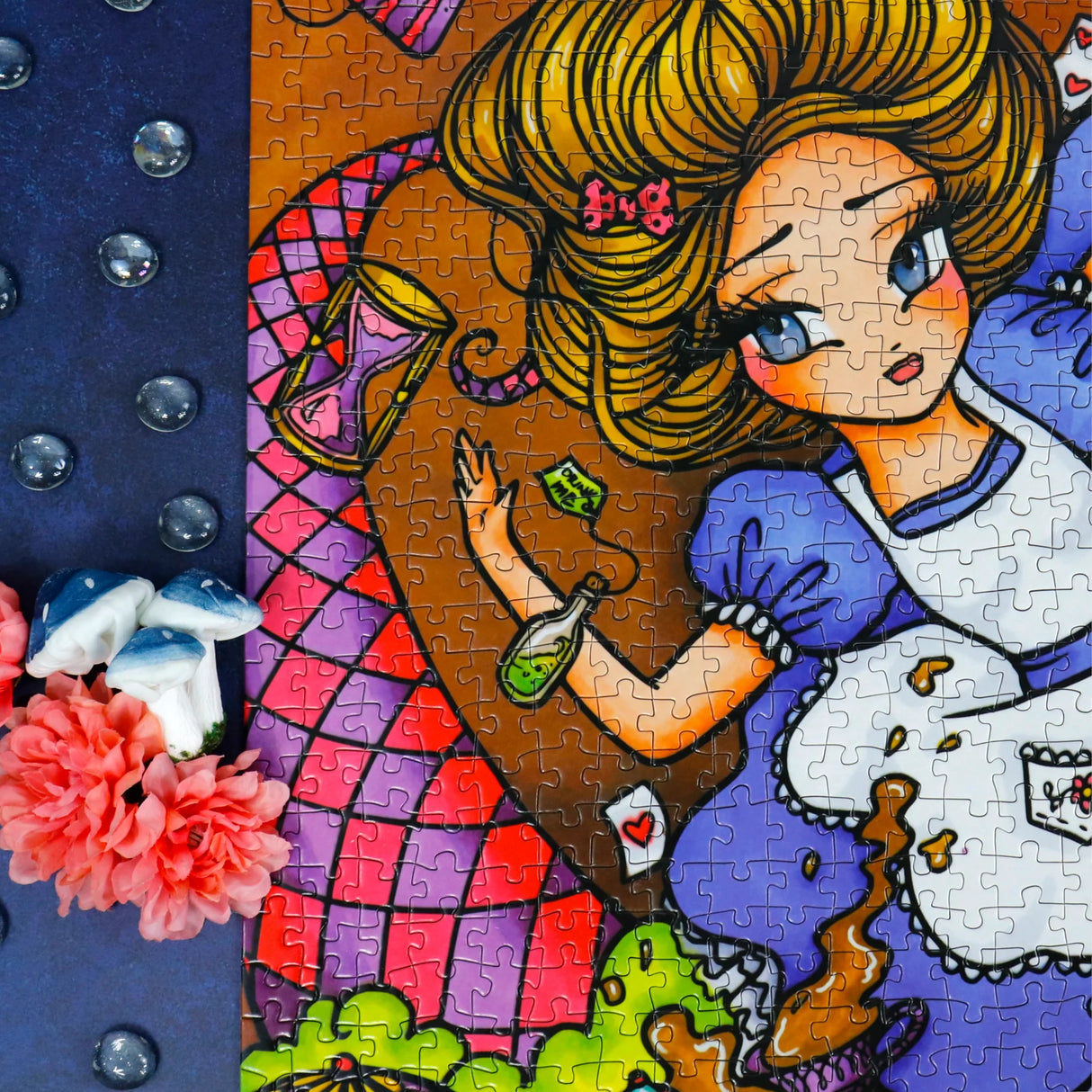 Close up image of the jigsaw puzzle of Down the Rabbit Hole a colorful puzzle by JaCaRou Puzzles