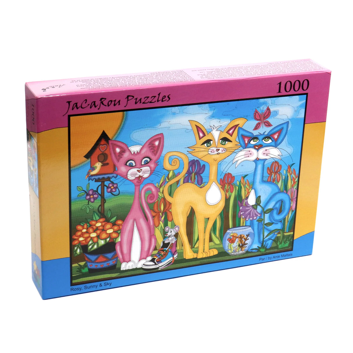 Bright, colorful cat-themed jigsaw puzzle with 1000 pieces and intricate designs