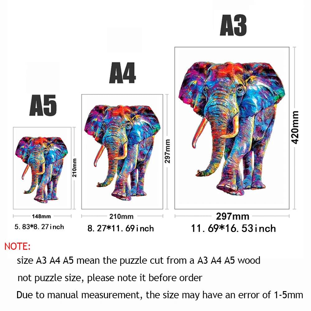 Colorful Elephan Wooden Jigsaw Puzzle - Unique Shape, Multiple Sizes
