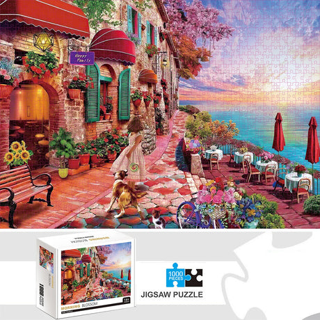 1000 pieces jigsaw puzzle of morning sunrise and strolling through a lovely villa Morning Blossoms