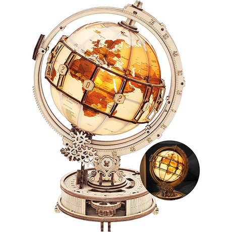 DIY Luminous Wooden Globe Puzzle by Robotime ROKR. 180-piece 3D model with LED light. Ideal for ages 14+