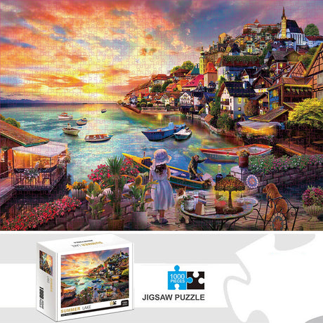 Summer sunset over the lake with boats and a mountain village 1000 pieces jigsaw puzzle