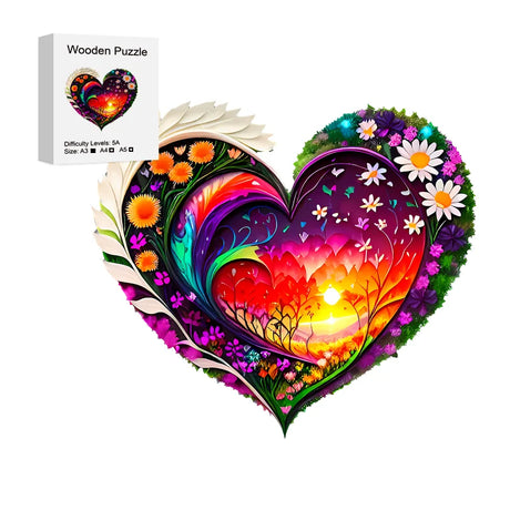 Heart and flowers wooden puzzle in three sizes.