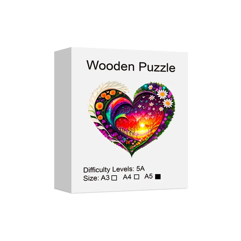 Bright and colorful heart and flowers jigsaw puzzles made of wood.