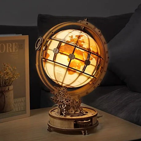 Robotime ROKR Luminous Wooden Globe 3D Puzzle. 180-piece LED light-up desk lamp for children and adults.