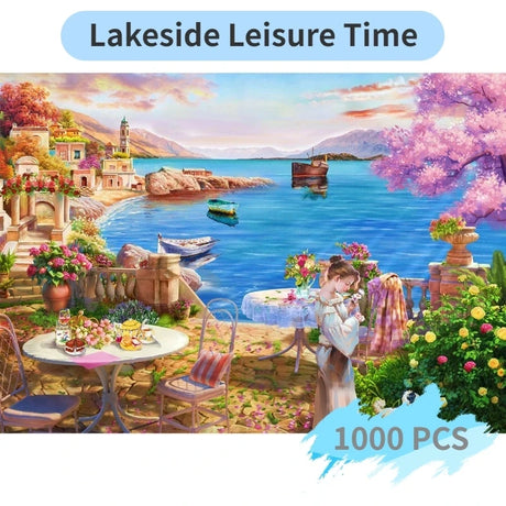 Beautiful and colorful jigsaw puzzle with 100 pieces showing a lake with a village and an inviting table of food. 