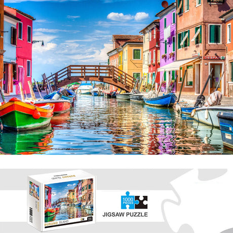 Bright and beautiful colors of Burano Island boats bridde and colorful buildings.