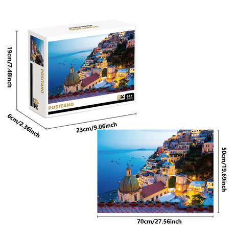 Positano 1000-piece jigsaw puzzle capturing the beautiful hillside town in Italy, with vibrant lights and a tranquil sea view at twilight.