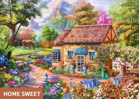 1000 Piece Puzzle image of a beautiful cottage full of flowers in a lovely country setting.