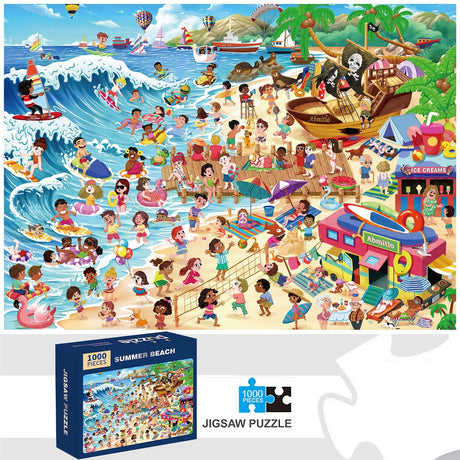 cartoon picture of beach and waves and playful families for a 1000 pieces jigsaw puzzle of a summer beach