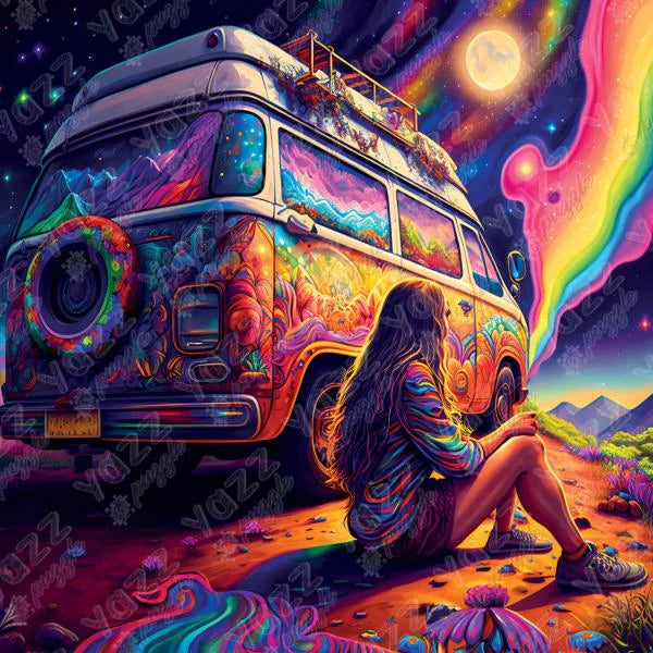 Skygazing 1000 piece jigsaw puzzle  by Yazz Puzzles featuring a colorful retro van.