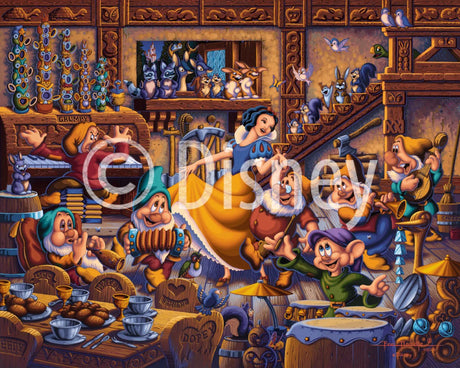 Close-up of Snow White and the Seven Dwarfs dancing in the 500 piece jigsaw puzzle artwork by Disney and Dowdle