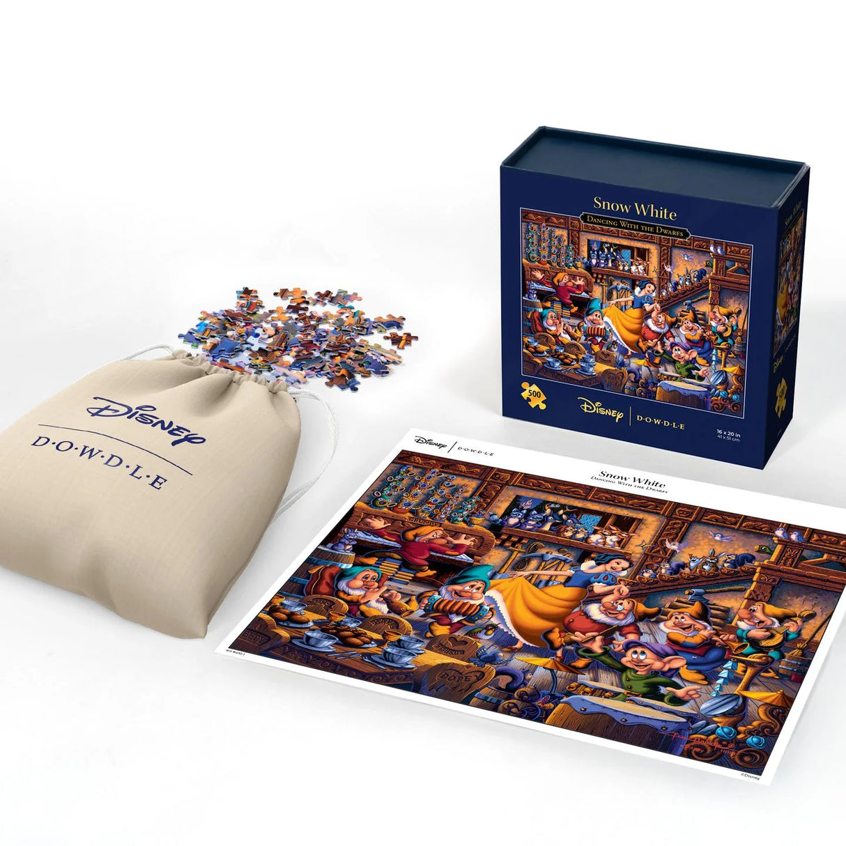 Contents in the box come with a cloth bag, color poster, and keepsake box for the 500 piece Disney Dowdle puzzle of Snow White and the seven dwarfs