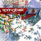 Springbok 1000 piece jigsaw puzzle of a cozy winter scene with a decorated Christmas tree and snowman box and pieces image