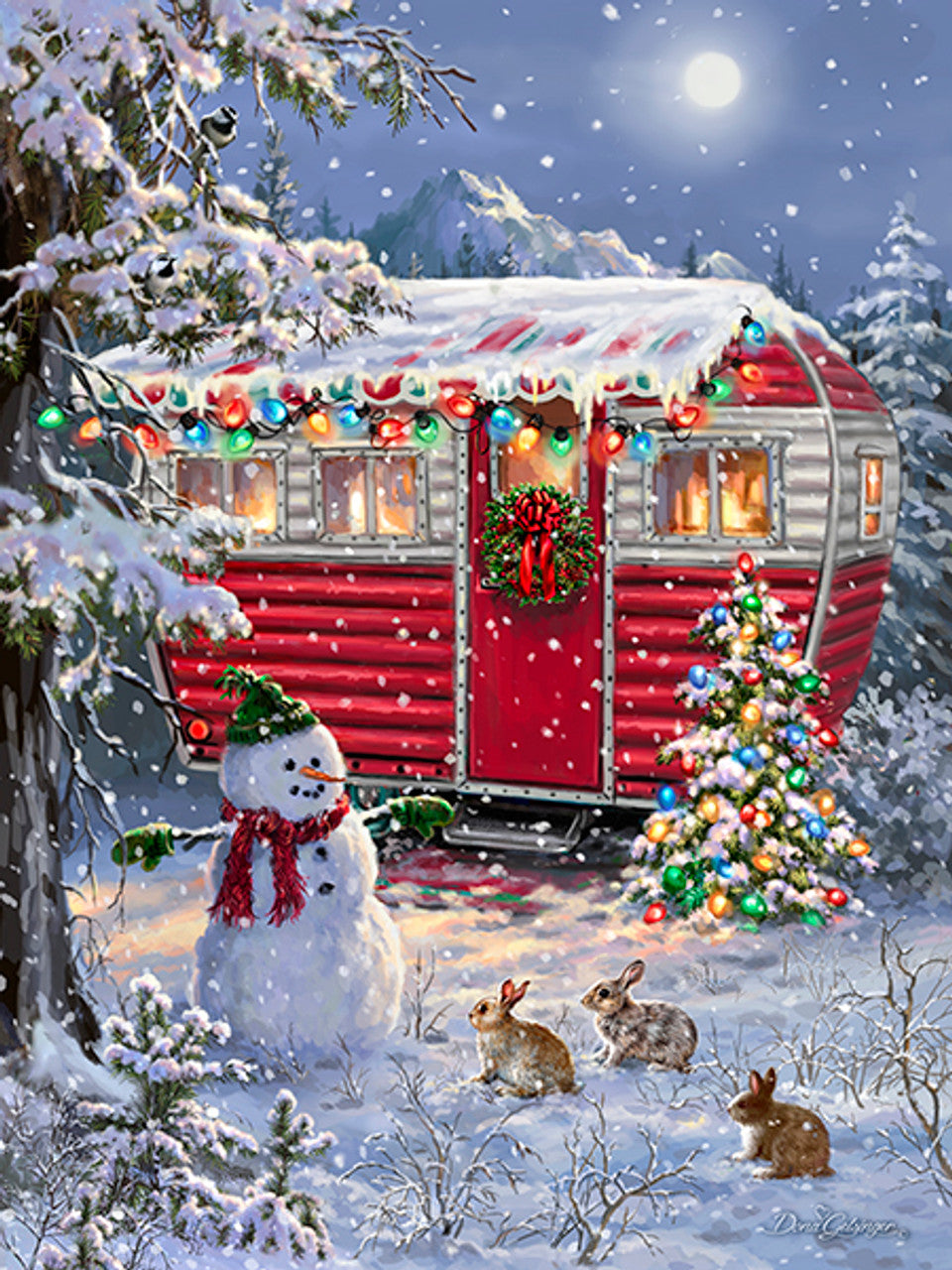 Snowy Retreat puzzle featuring a festive red camper with Christmas lights in a snowy forest by Springbok