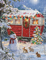 Complete Puzzle Moonlit snowy forest with a red camper, cheerful snowman, and Christmas decorations in a 1000-piece puzzle by Springbok