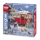 Puzzle Box for Springbok 1000-piece jigsaw puzzle of a cozy winter scene with a decorated Christmas tree and snowman