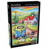 Summer at Grandma’s House jigsaw puzzle featuring chickens and a vintage van by JaCaRou -Puzzle box