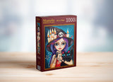 Sweet Witch 1000-piece jigsaw puzzle by Magnolia, featuring Romi Lerda's fantasy art of a whimsical witch with candles, a crescent moon, and a black cat