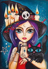 1000 piece jigsaw puzzle, Sweet Witch by Magnolia, depicting a mystical scene with a witch, glowing candles, and a black cat.