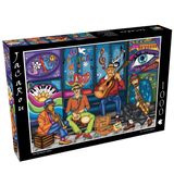 The Gentleman Band 1000-piece puzzle from JaCaRou, with a colorful illustration of street musicians and vibrant graffiti reading "Peace" and "Amour." A unique, artistic jigsaw puzzle for adults who enjoy music themes.