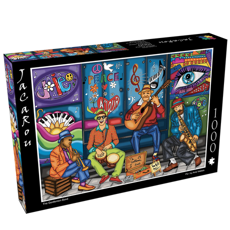 The Gentleman Band 1000-piece puzzle from JaCaRou, with a colorful illustration of street musicians and vibrant graffiti reading "Peace" and "Amour." A unique, artistic jigsaw puzzle for adults who enjoy music themes.