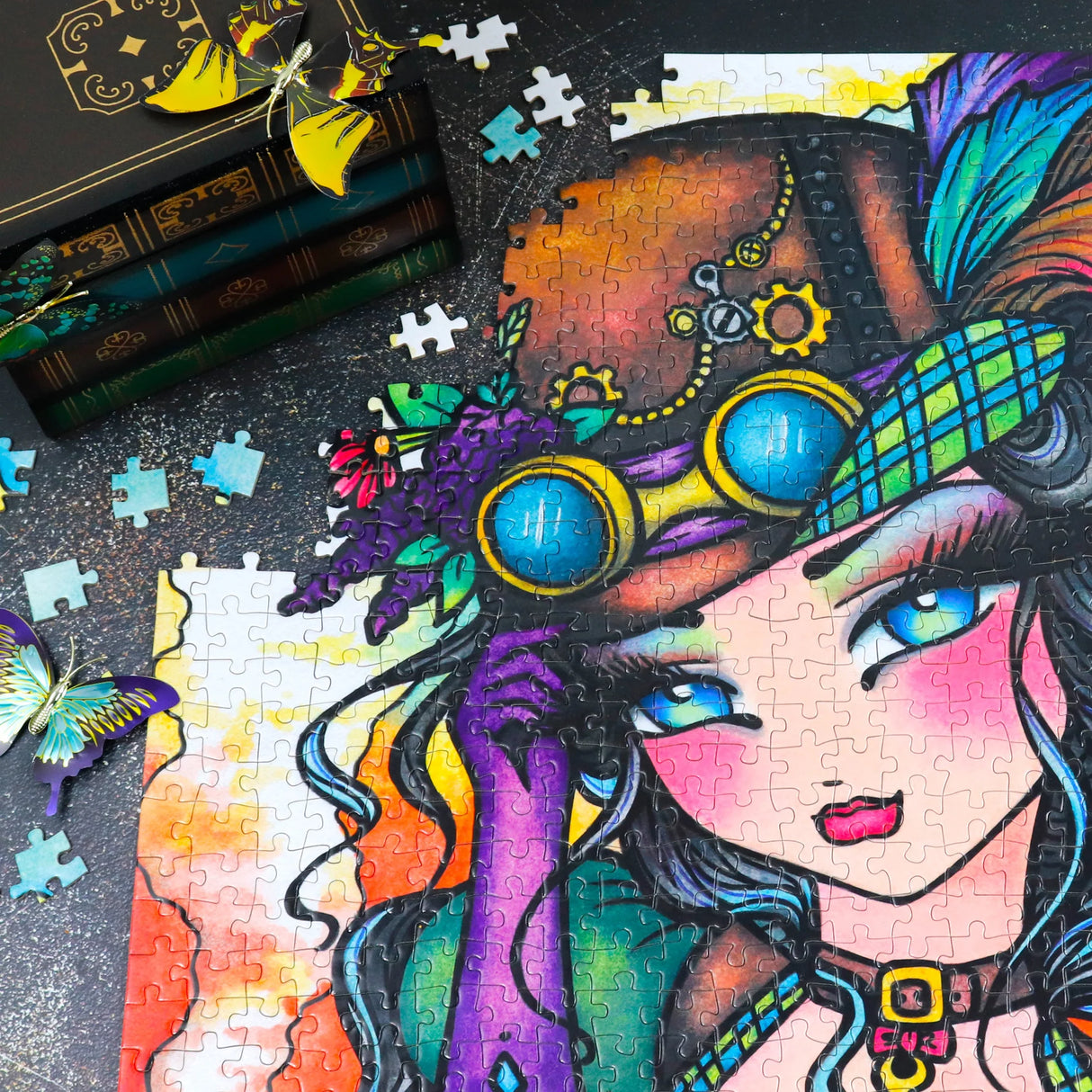 Close-up of JaCaRou Trixie jigsaw puzzle showing steampunk goggles and bright blue eyes