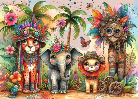 Colorful tropical animals puzzle by Delfy, featuring cheetah, elephant, and lion