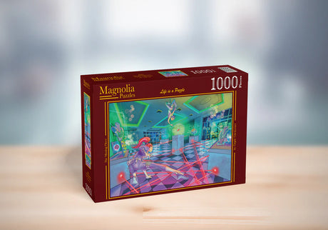 The Missing Piece puzzle by Magnolia showing a thrilling action scene of thieves stealing back the missing piece of the puzzle