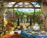 The Conservatory puzzle featuring a garden view with a tea table, flowers, and a cozy chair by Springbok