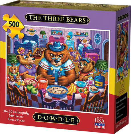 The Three Bears puzzle featuring Papa Bear, Mama Bear, and Baby Bear discovering Goldilocks by Dowdle