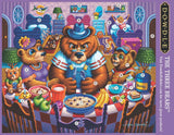 Puzzle image of the Three Bears at the dining table with Goldilocks sleeping in the background, illustrated by Eric Dowdle