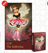 Magnolia's 1000-piece puzzle, 'The Ballerina,' showcases Romi Lerda's art with a magical ballerina in a pink tutu and leg warmers, surrounded by floral accents.