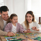 Family putting together the Treehouse Adventure by Boardwalk a 500 piece puzzle.