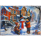 Cozy winter puzzle scene with vintage houses and snowman by Delfy