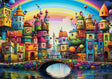 Rainbow City 1000 piece jigsaw puzzle by Yazz Puzzles. A vibrant colorful puzzle of a cityscape and a rainbow.