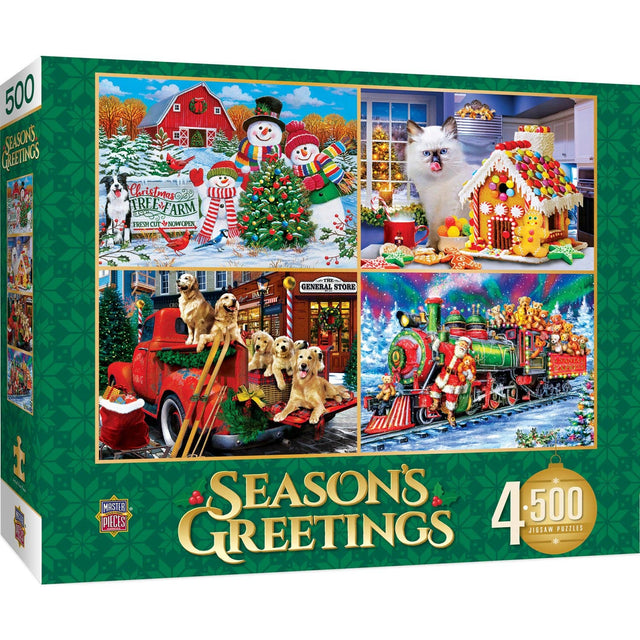 Season's Greetings 500 Piece Puzzles 4-Pack by Masterpieces - Snowman Family Scene