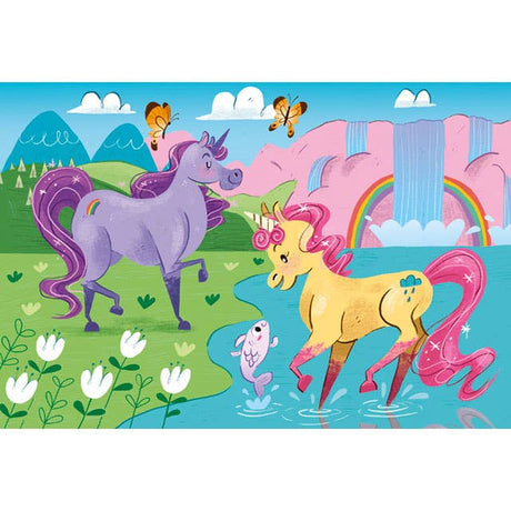 Supercolor Puzzle I Believe in Unicorns 2x20 piece set featuring bright unicorn illustrations by Clementoni