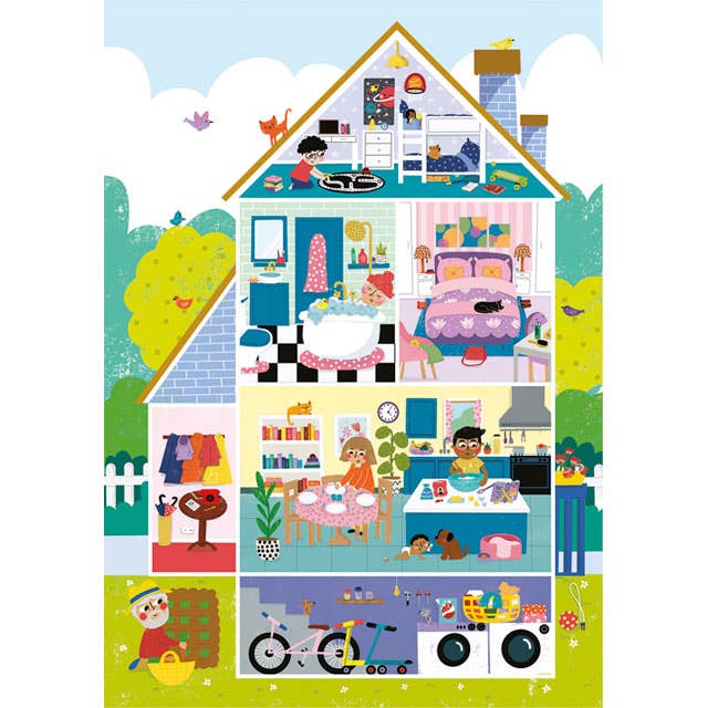 High-quality 60 piece puzzle featuring a heartwarming home scene for kids aged 5+