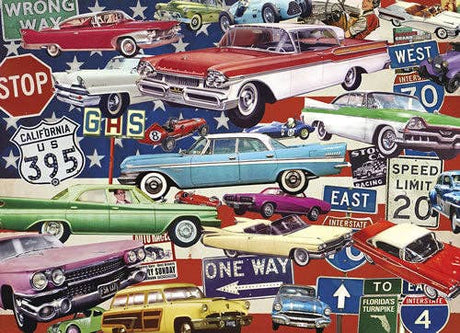 High-quality 1000 piece puzzle featuring iconic American cars and chrome