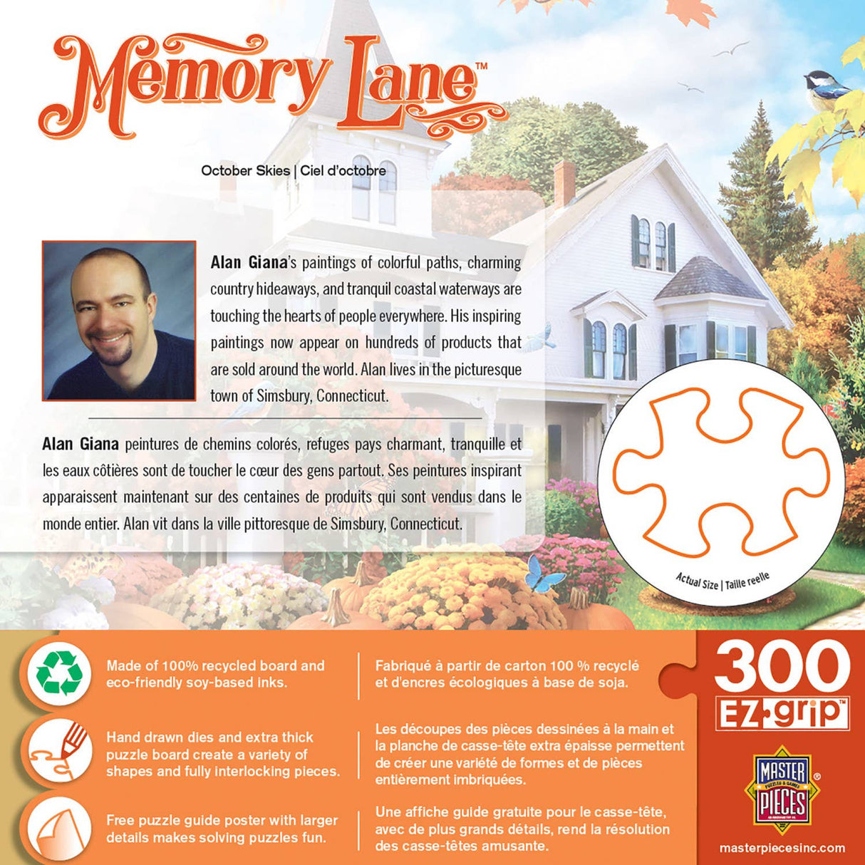 Eco-friendly label on the Memory Lane - October Skies puzzle box highlighting recycled materials