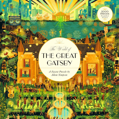 The Great Gatsby puzzle box featuring an illustration of Gatsby's grand party