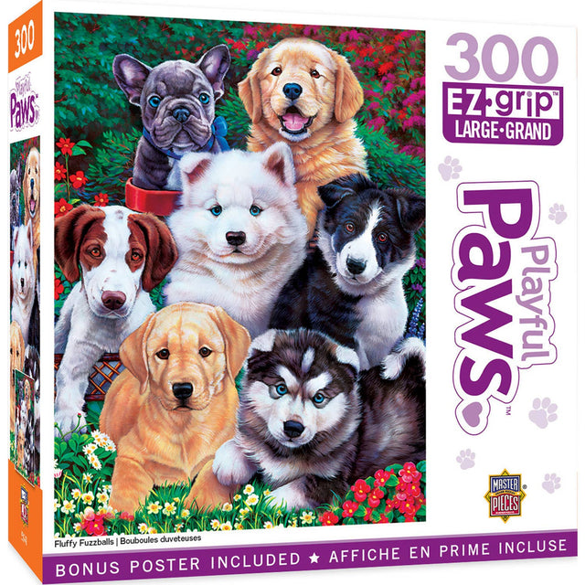 Playful Paws 300 piece jigsaw puzzle featuring an image of 7 cute dogs in a garden. 